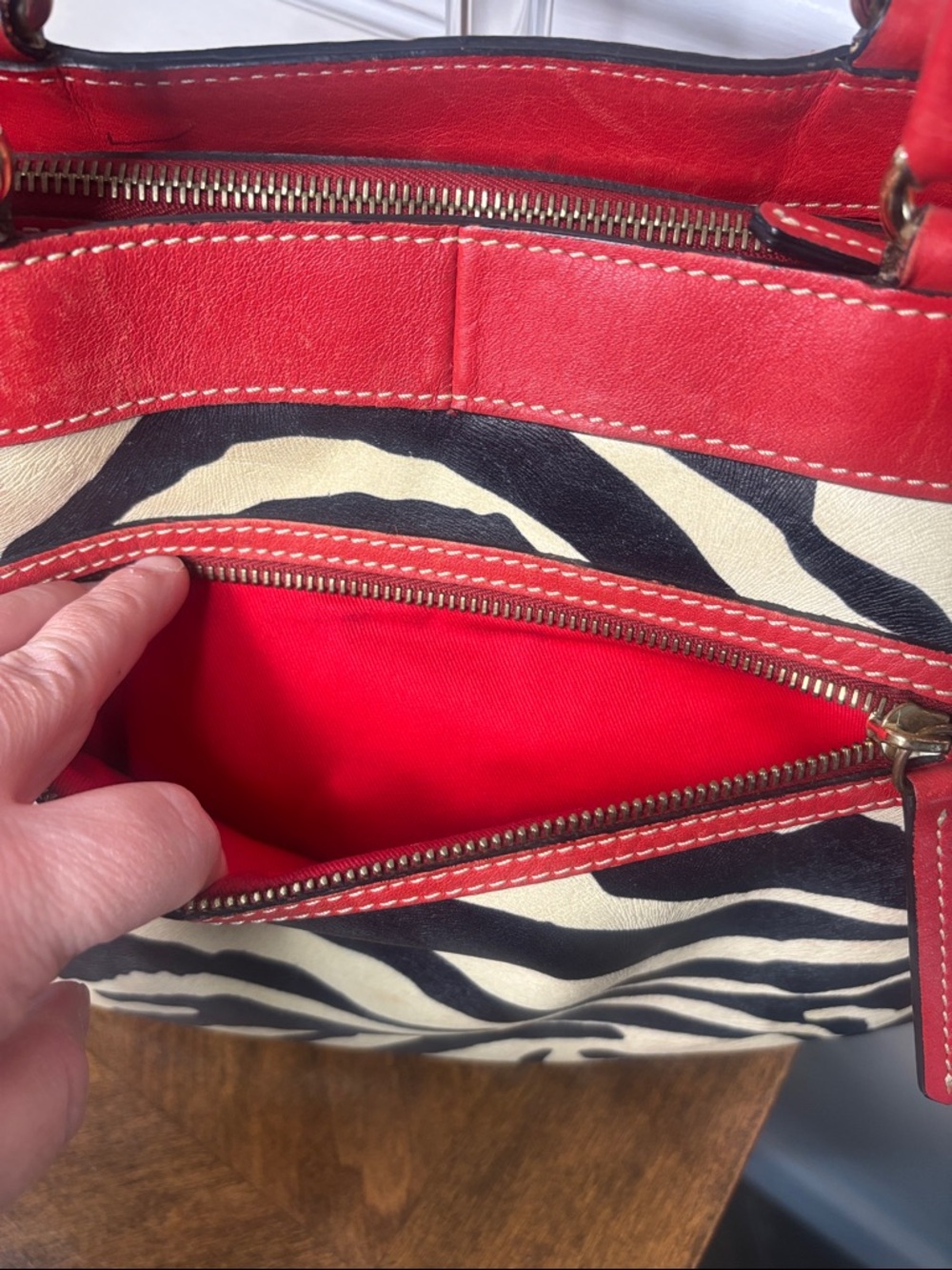 Dooney & Bourke Red Leather Trim Zebra-Print Tote Bag - Picture 5 of 16